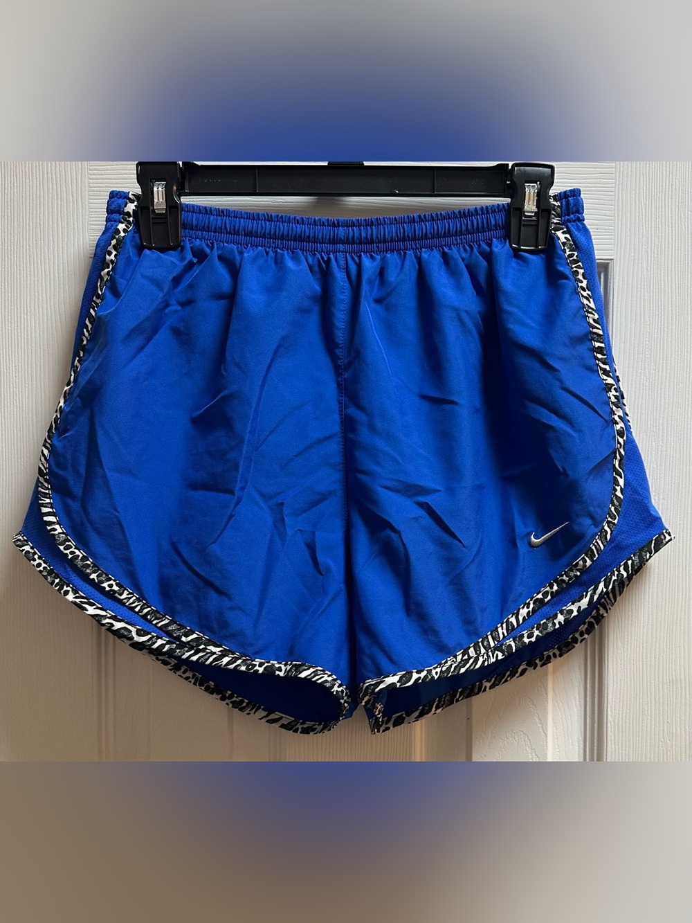 Nike Women's Blue Athletic Shorts with Black & White Leopard Trim